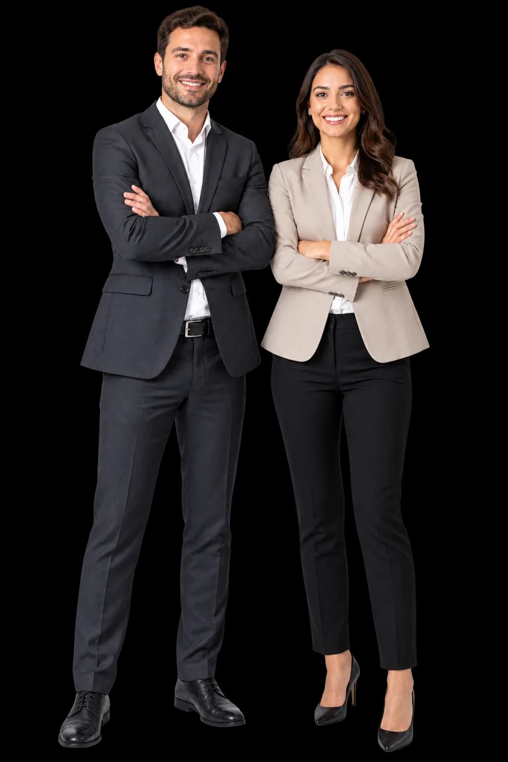 Two business professionals standing side by side with their arms folded