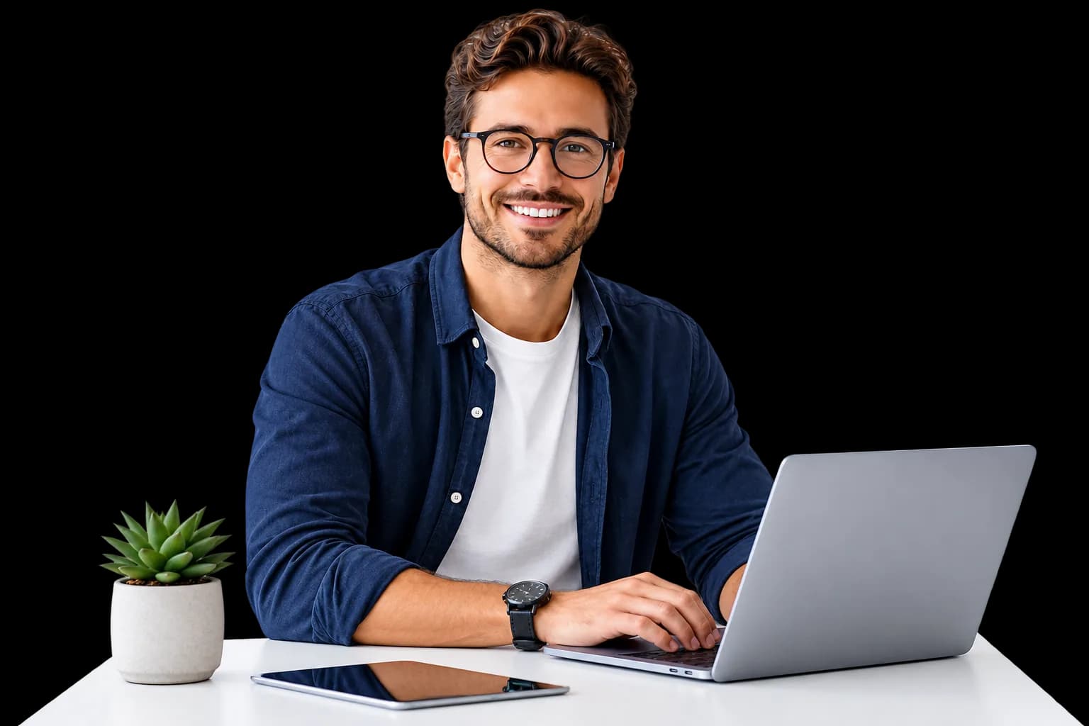 A Corevia delivery lead working at a desk with a laptop and tablet