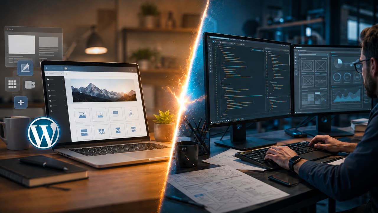 Comparison chart of WordPress versus custom website development across cost, flexibility, and best-fit use cases.